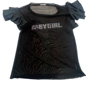 Occasion Black Mesh Babygirl Rhinestone‎ Ruffle Sleeve Top XL X-Large